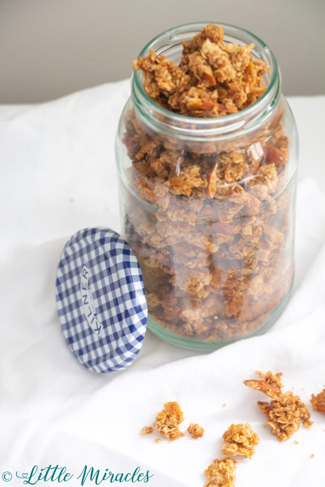 Honey Coconut Granola with Sliced Almonds- An easy granola recipe ready within an hour with just 3-5 minutes of prep work! Includes suggestions for substitutions according to your taste! Results in a crunchy, golden granola, full of flavor that lifts any snack from yummy to delicious and healthy!
